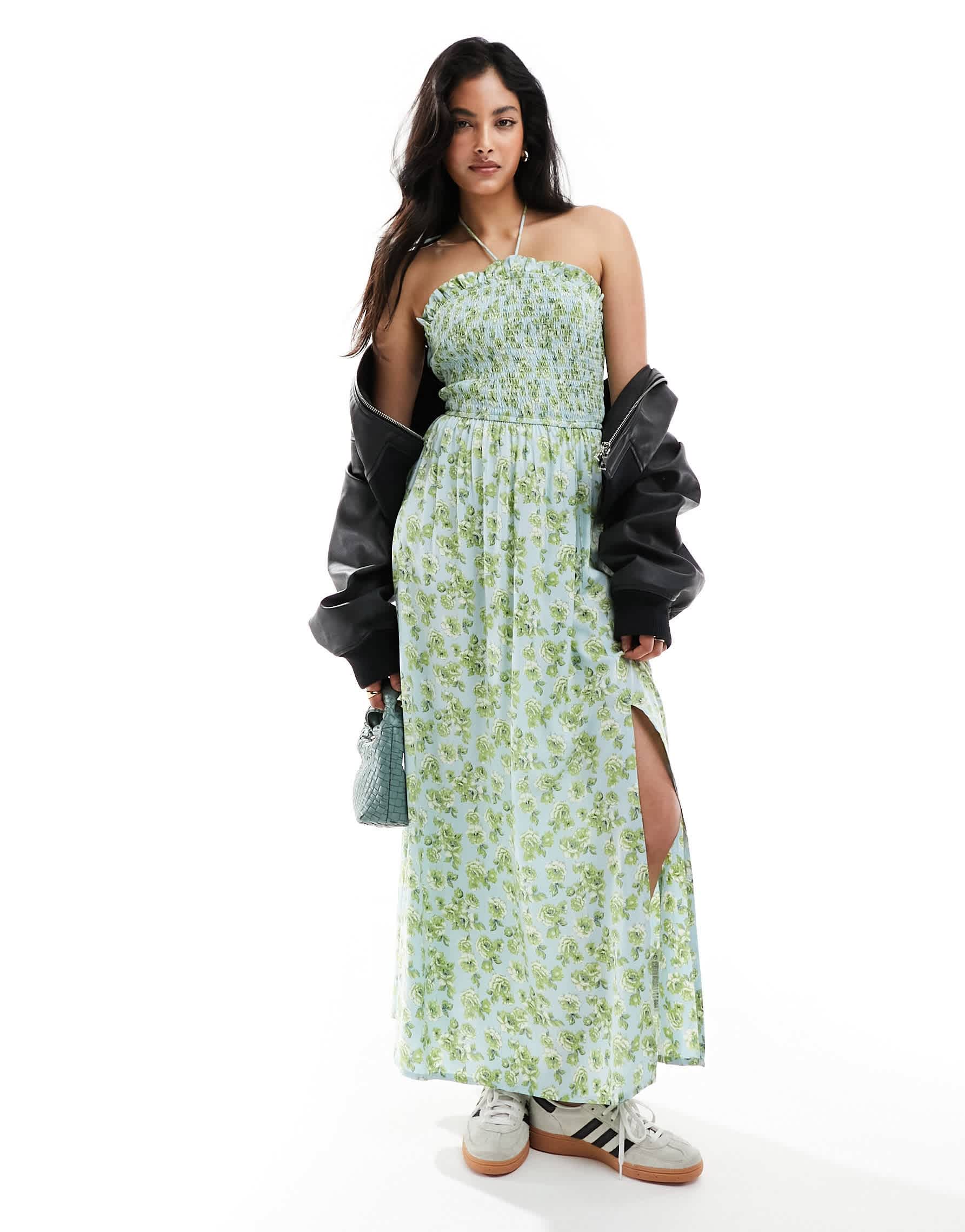 ASOS DESIGN shirred halter neck maxi dress in blue ditsy