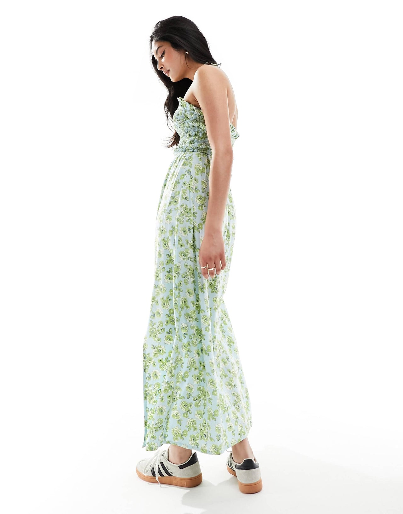 ASOS DESIGN shirred halter neck maxi dress in blue ditsy