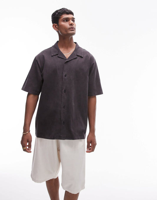 Topman oversized fit button through jersey polo in washed black