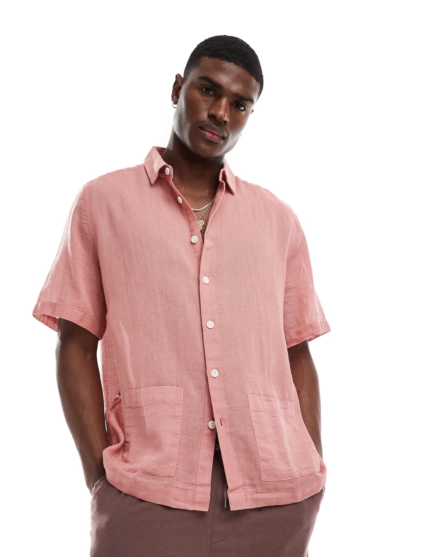ASOS DESIGN relaxed textured shirt with patch pockets in pink