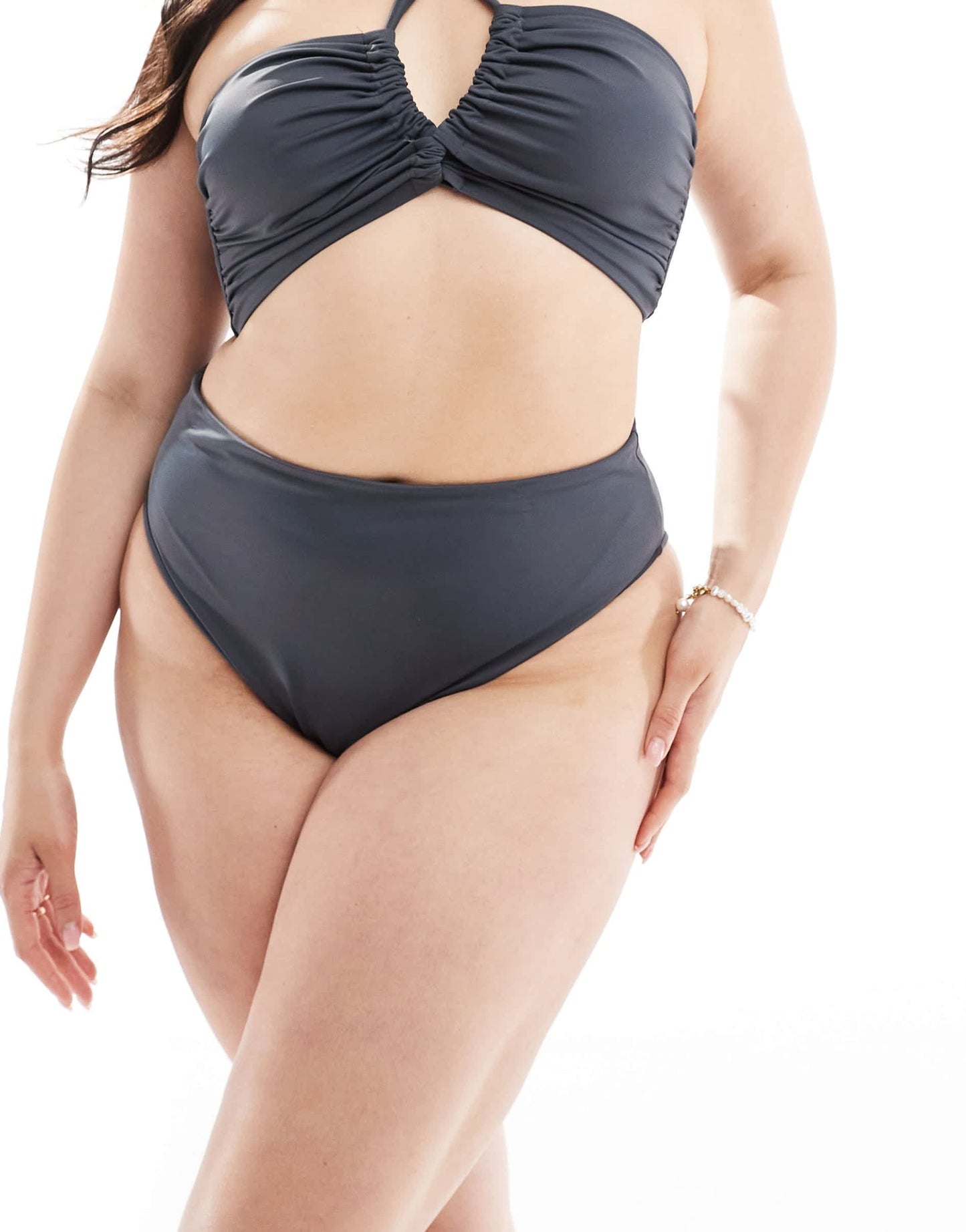 ASOS DESIGN Curve Ashley high leg high waist bikini bottom in slate grey