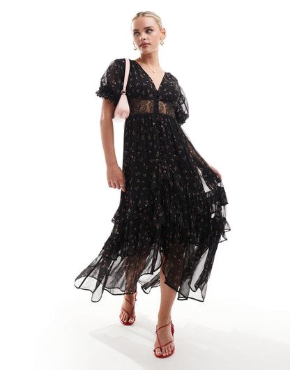 ASOS DESIGN Petite lace cut out dress button through ruffle hem midi dress in black floral print