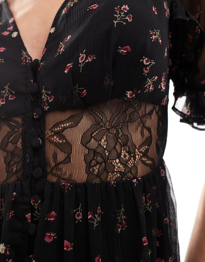 ASOS DESIGN Petite lace cut out dress button through ruffle hem midi dress in black floral print