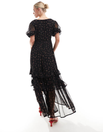 ASOS DESIGN Petite lace cut out dress button through ruffle hem midi dress in black floral print