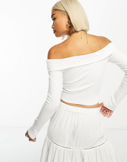 Bershka bardot soft touch long sleeve top co-ord in white