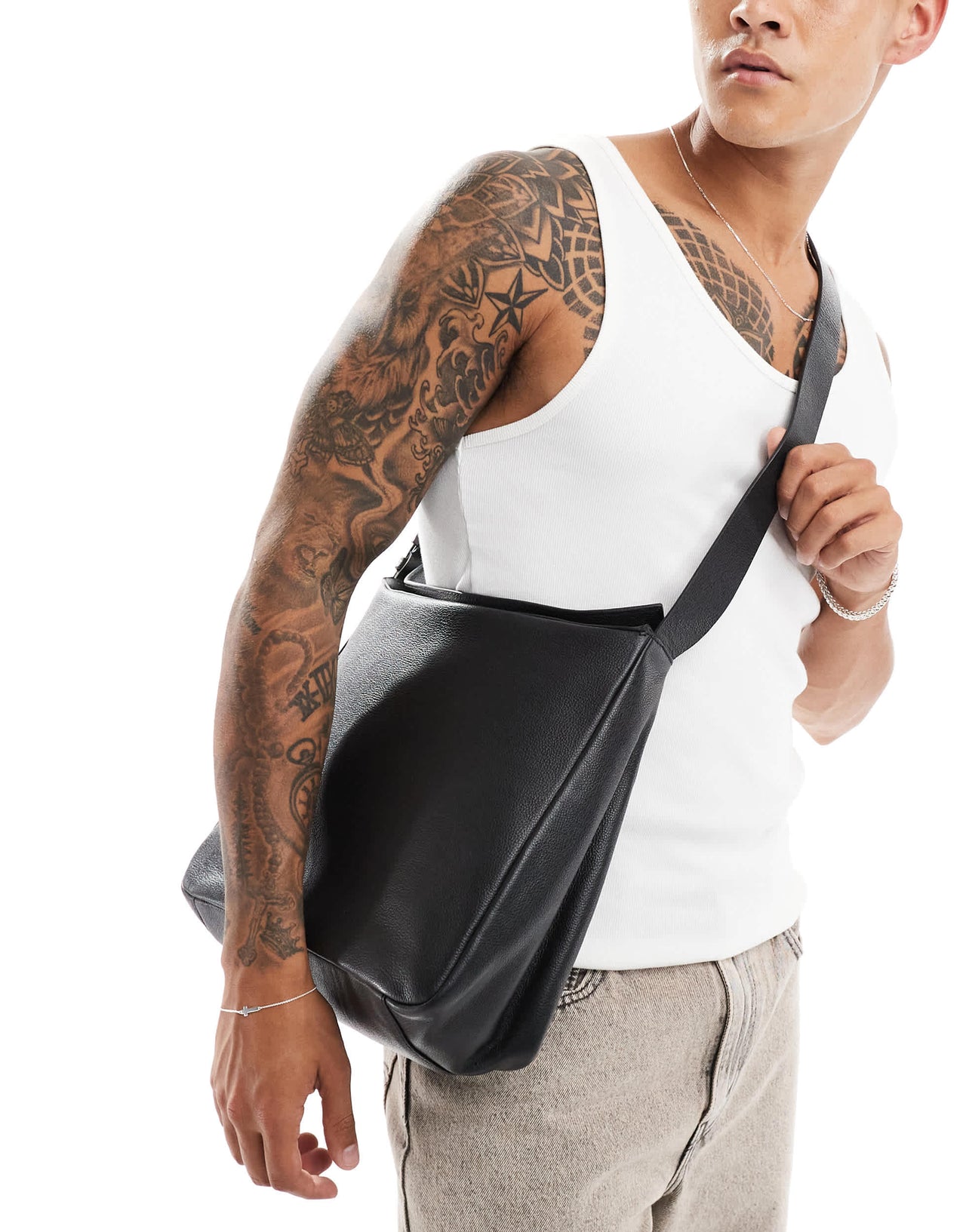 ASOS DESIGN leather slouchy shoulder tote bag in black