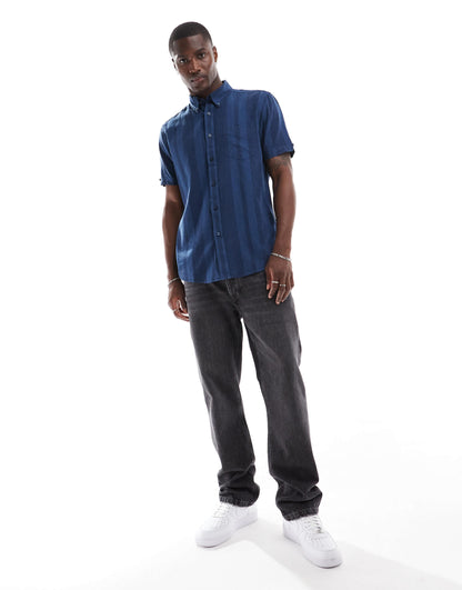 Ben Sherman short sleeve linen mixed stripe shirt in dark blue