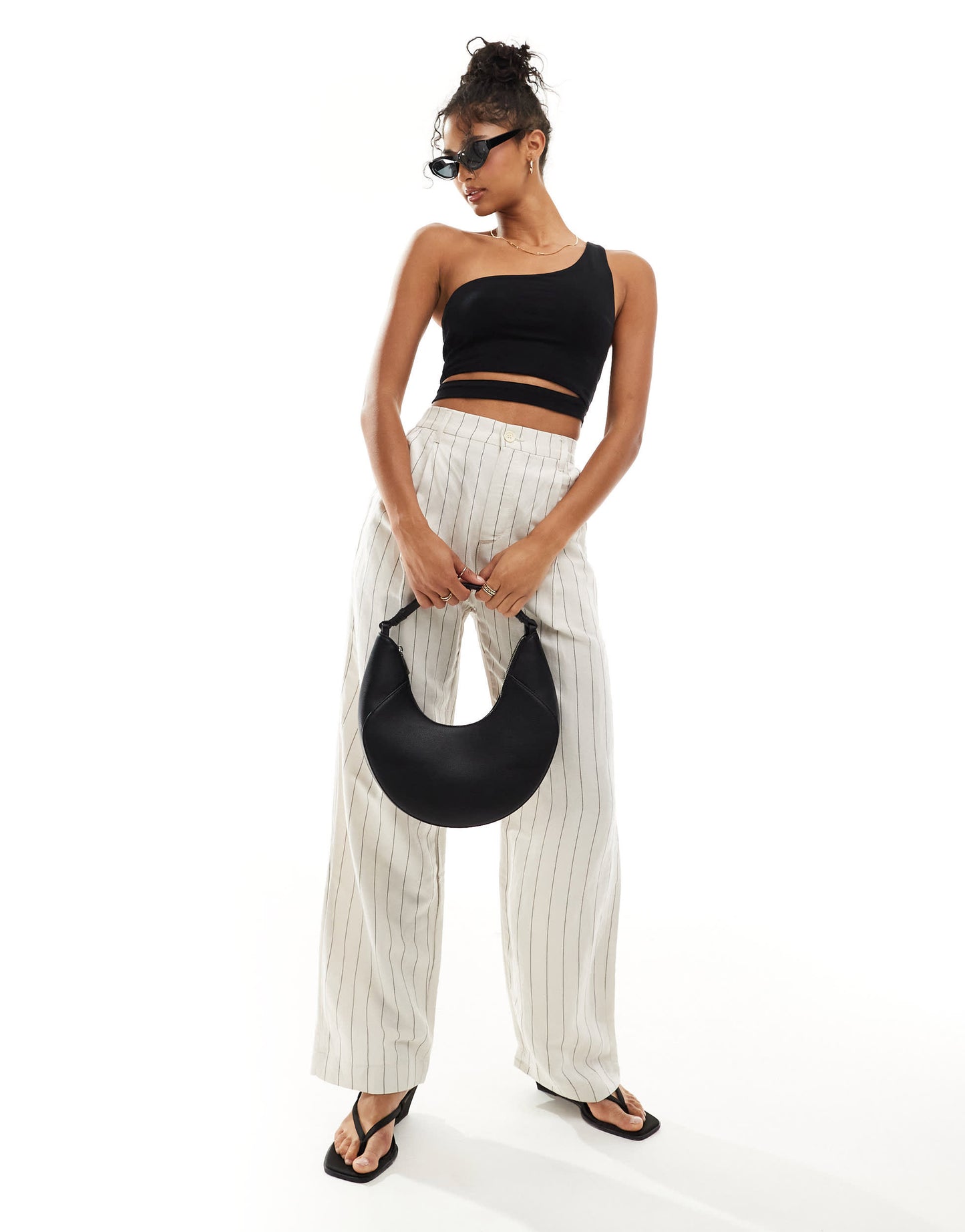 ASOS DESIGN double layer one shoulder crop top with waist cut out in black