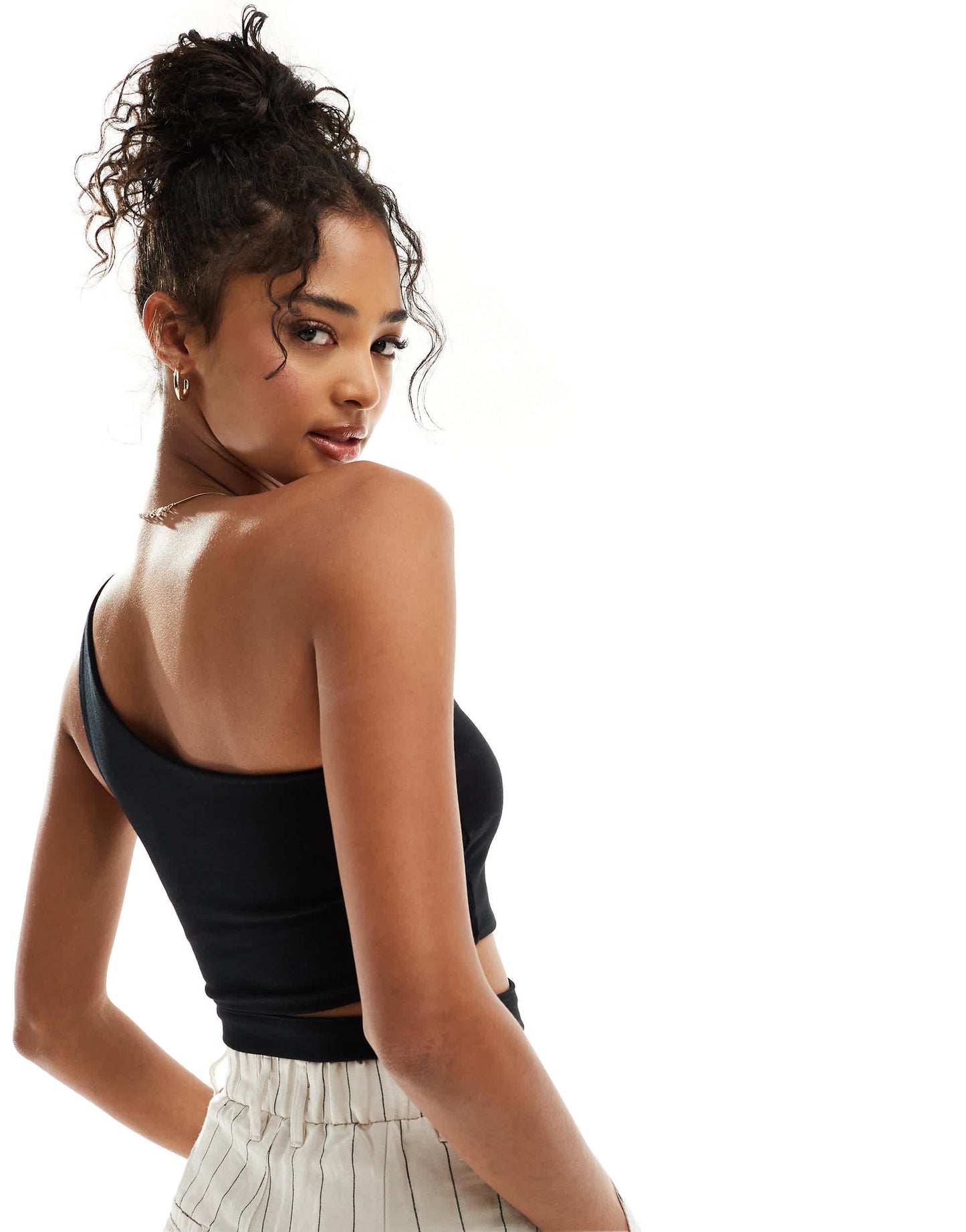 ASOS DESIGN double layer one shoulder crop top with waist cut out in black