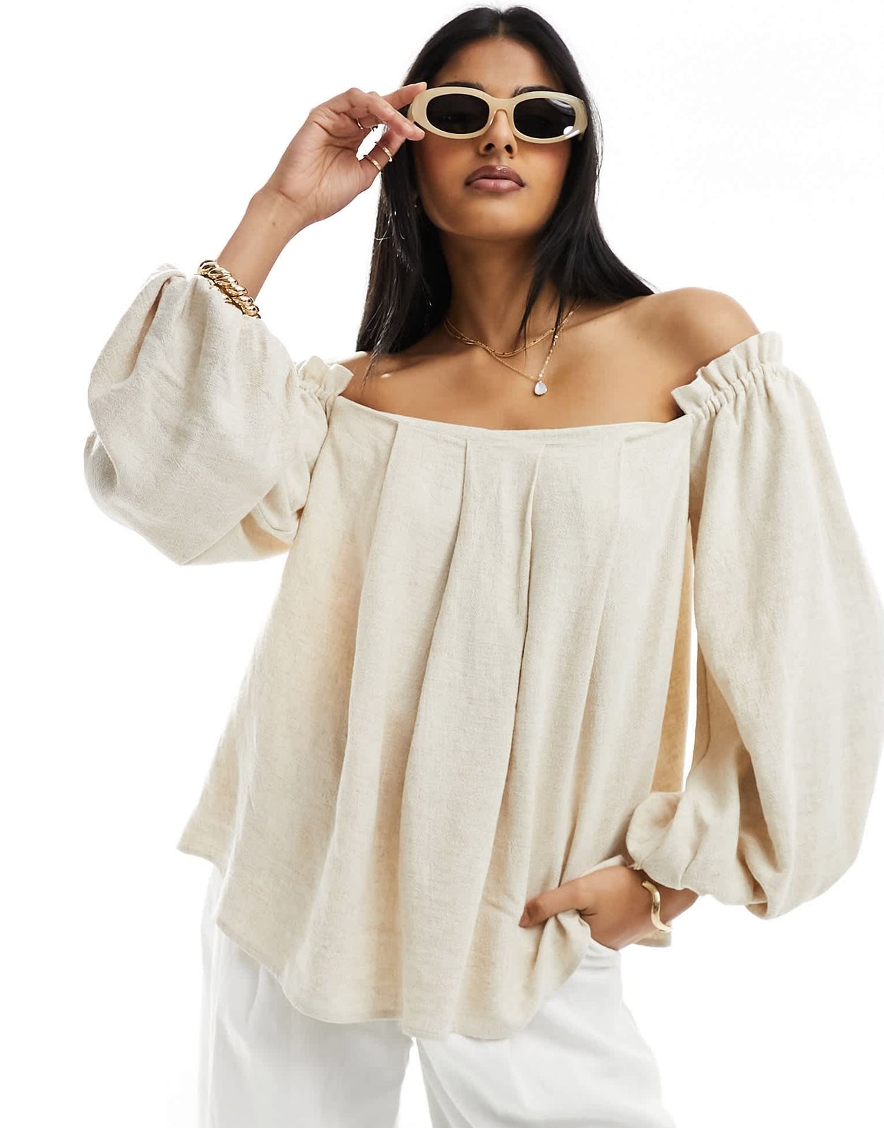 ASOS DESIGN linen look off shoulder pleated top in natural