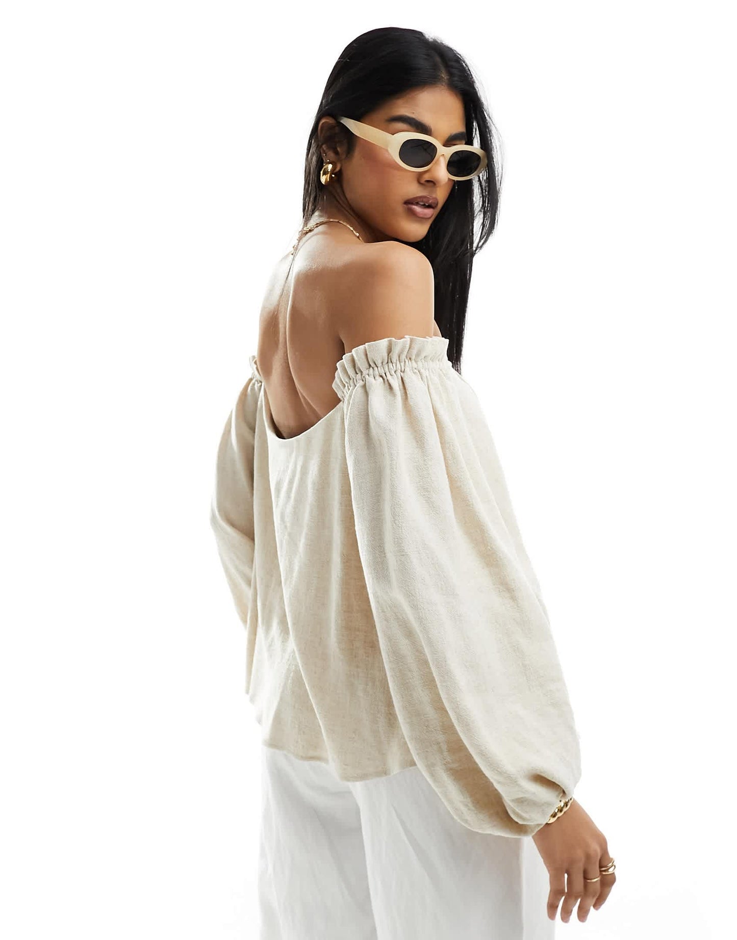 ASOS DESIGN linen look off shoulder pleated top in natural