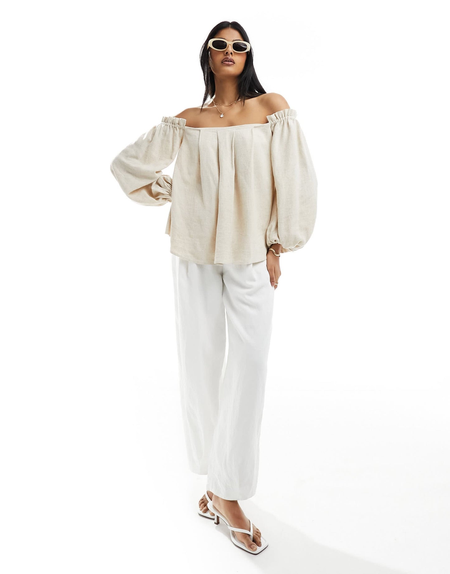 ASOS DESIGN linen look off shoulder pleated top in natural