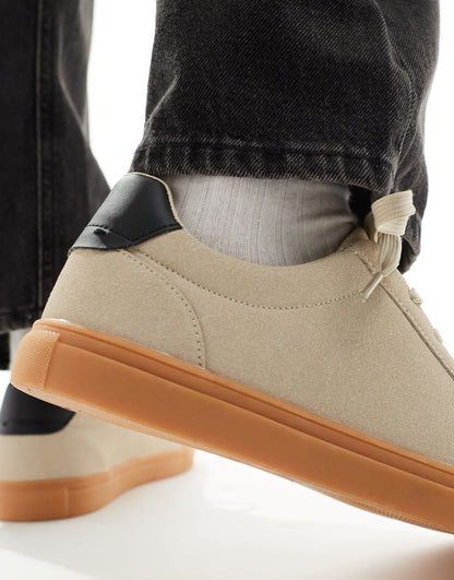 ASOS DESIGN beige suedette trainers with gum sole