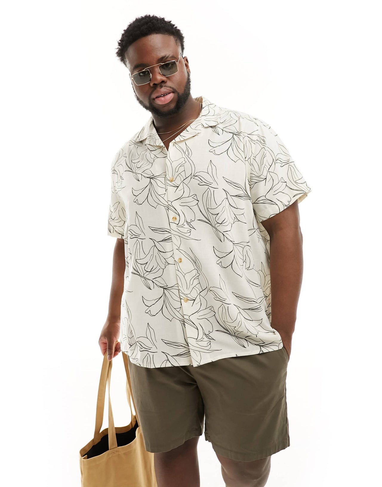 ASOS DESIGN relaxed revere beachy shirt in line drawn lily print in ecru