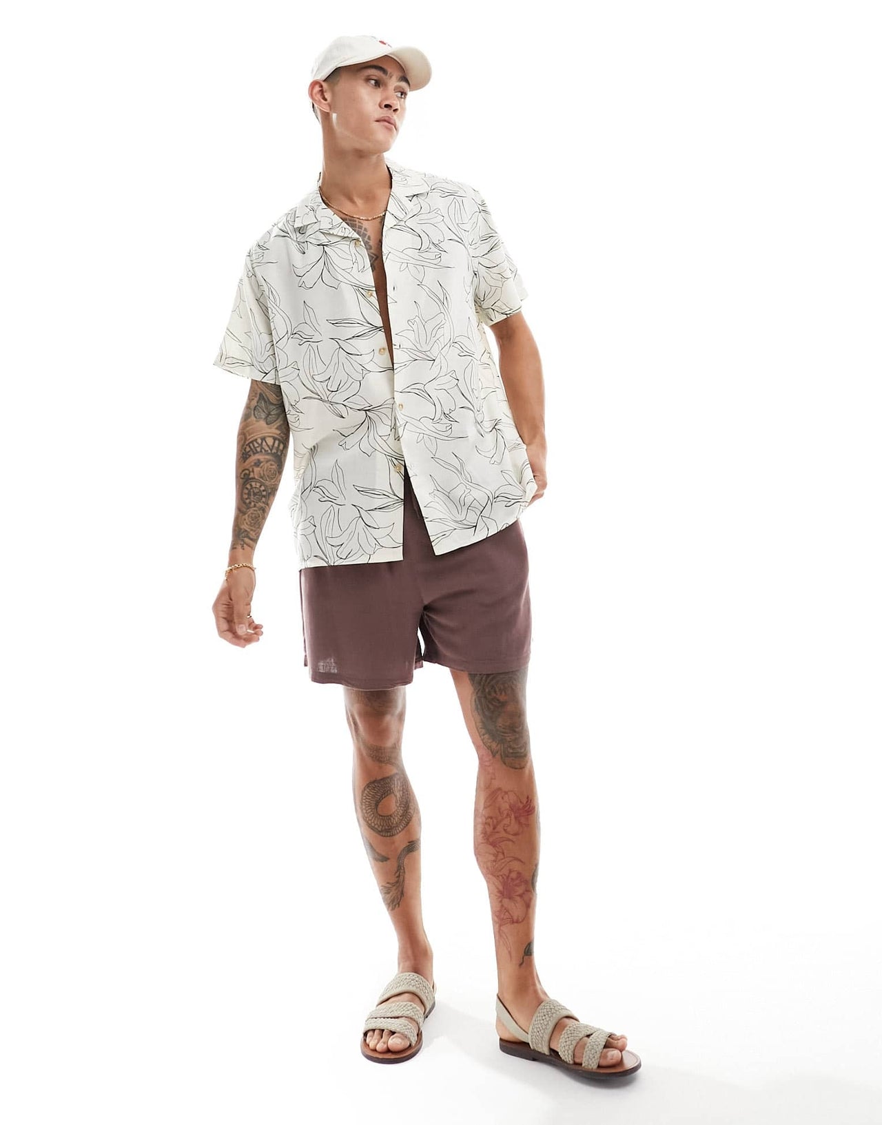 ASOS DESIGN relaxed revere beachy shirt in line drawn lily print in ecru