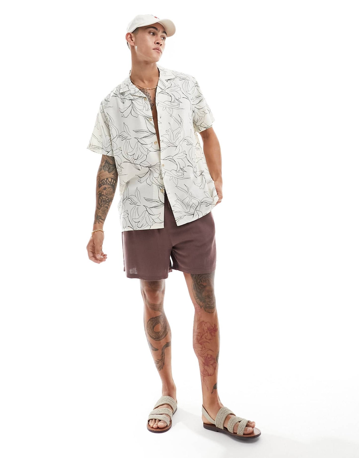 ASOS DESIGN relaxed revere beachy shirt in line drawn lily print in ecru