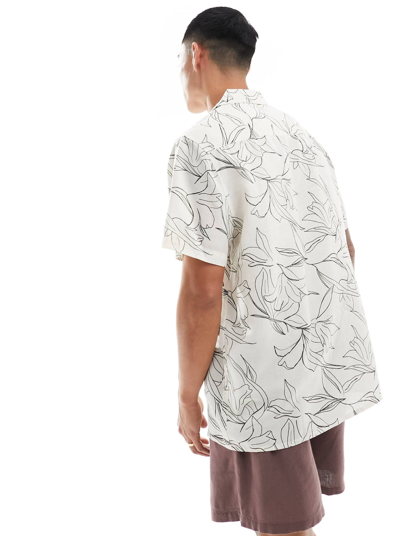ASOS DESIGN relaxed revere beachy shirt in line drawn lily print in ecru