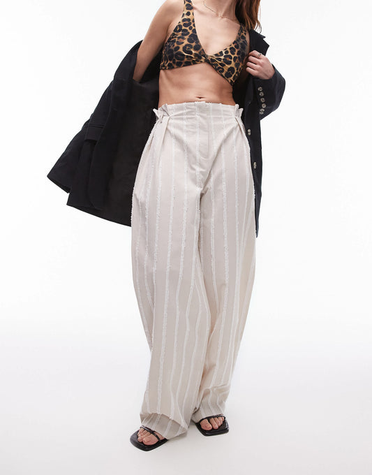 Topshop co-ord textured stripe detail wide leg trouser in neutral
