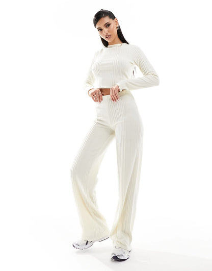 Missyempire ribbed open tie back top co-ord in cream