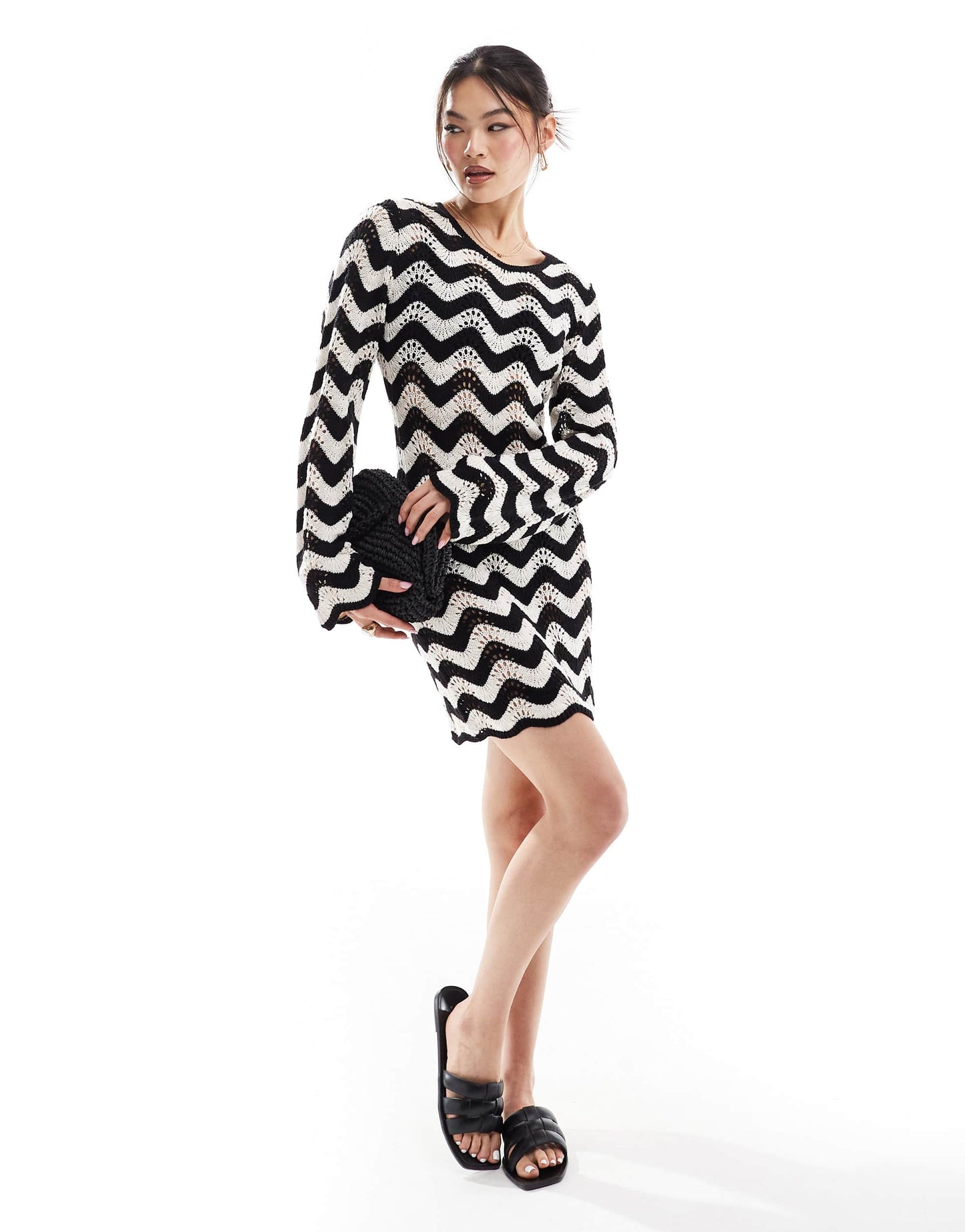 In The Style crochet bell sleeve mini beach dress in cream & black chevron print