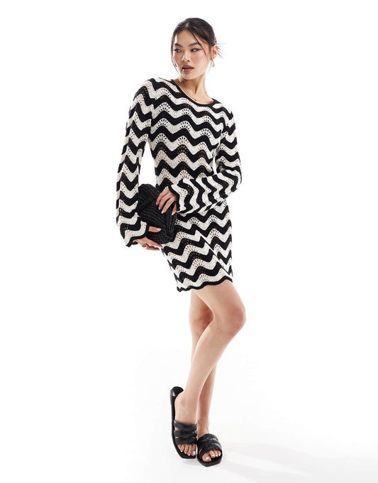 In The Style crochet bell sleeve mini beach dress in cream & black chevron print