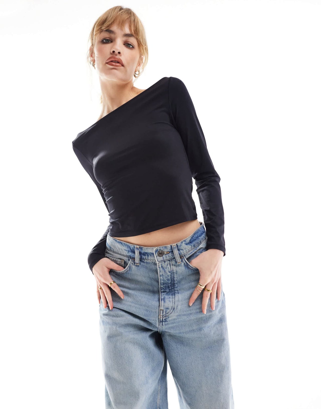 Stradivarius boat neck long sleeve top in black
