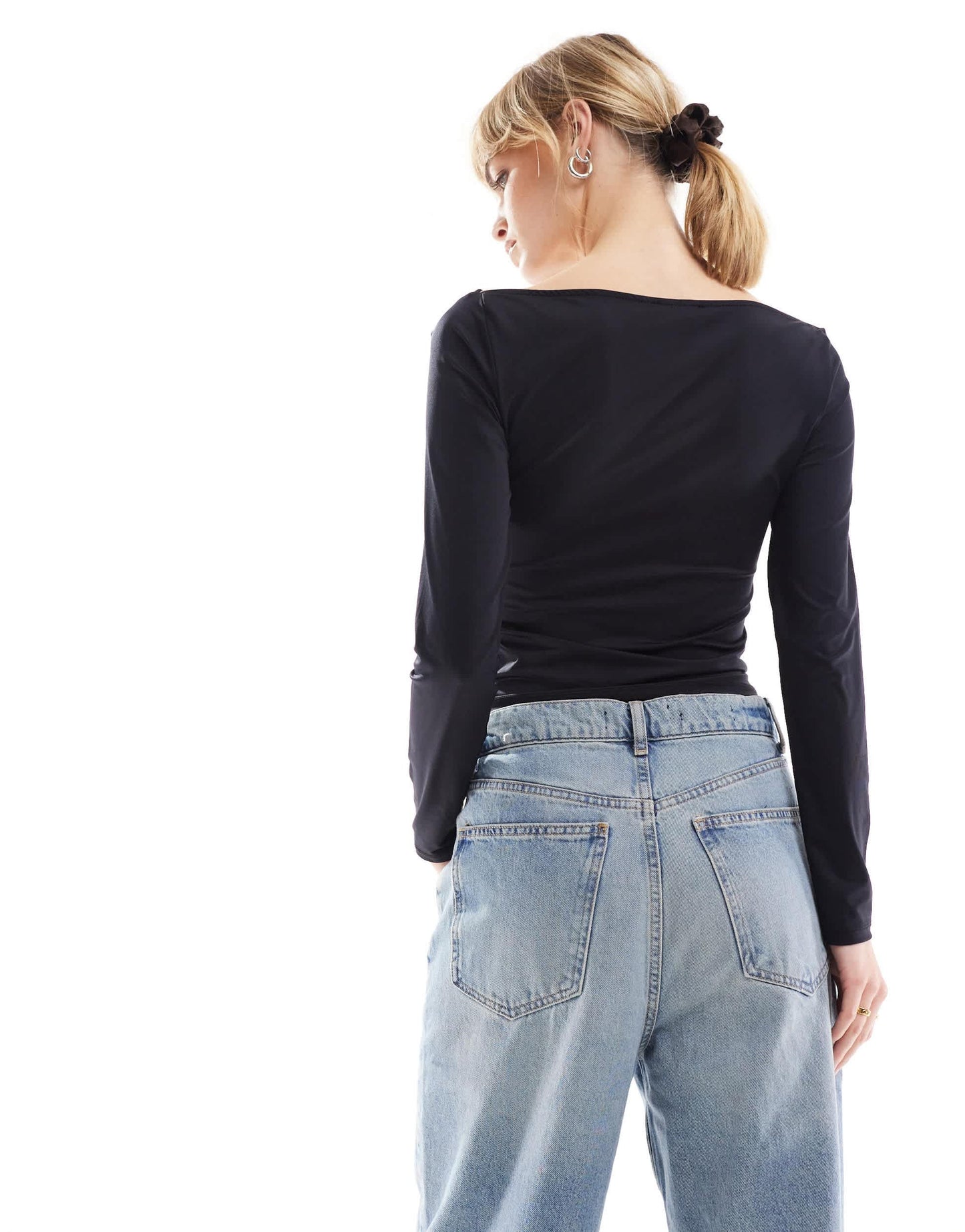 Stradivarius boat neck long sleeve top in black