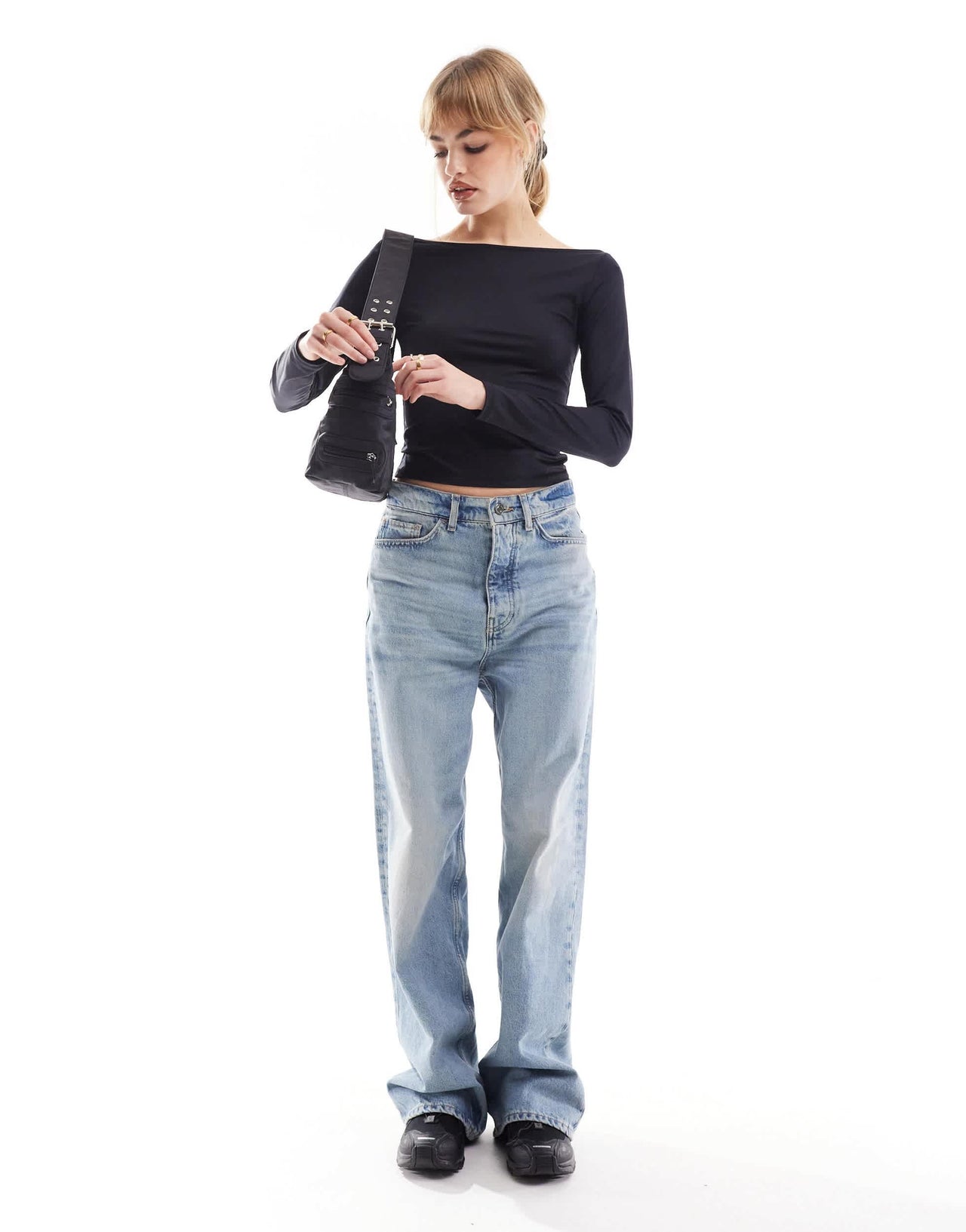 Stradivarius boat neck long sleeve top in black