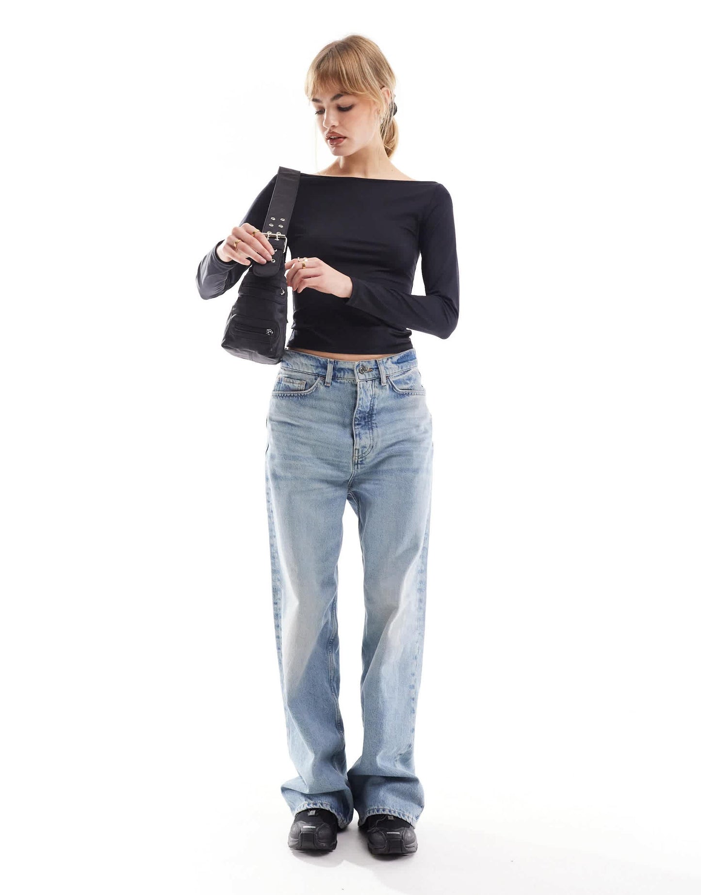 Stradivarius boat neck long sleeve top in black