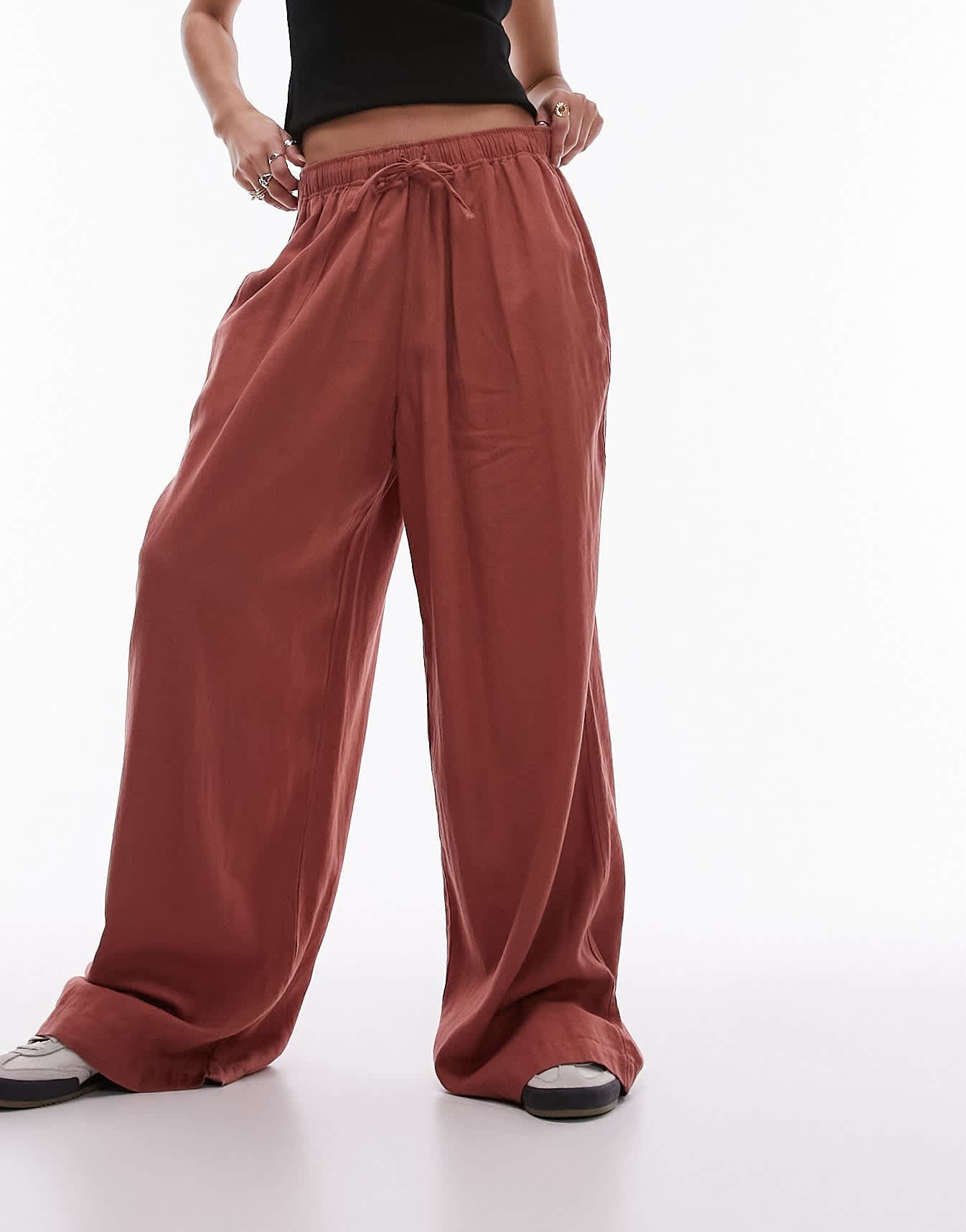 Topshop linen wide leg trouser in burnt brick