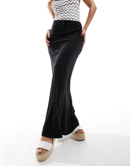 ASOS DESIGN linen look tie waist bias maxi skirt in black