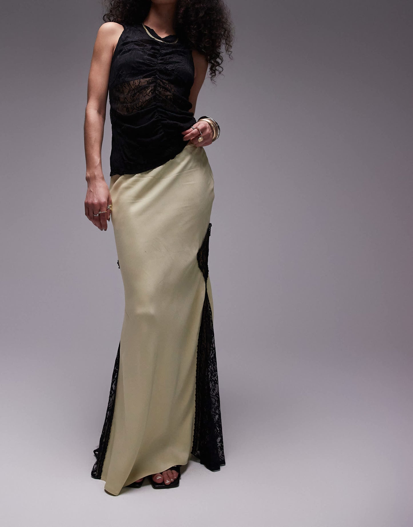 Topshop co-ord satin lace mix midi skirt in pistachio
