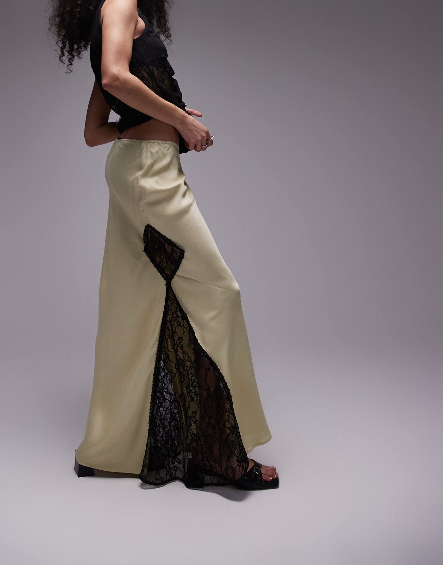 Topshop co-ord satin lace mix midi skirt in pistachio