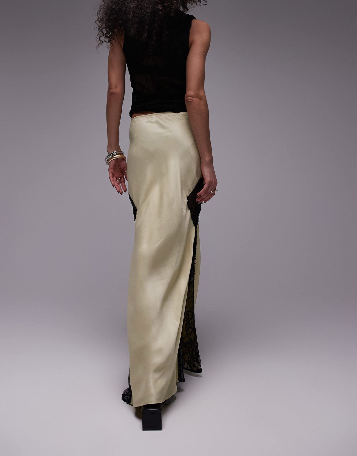 Topshop co-ord satin lace mix midi skirt in pistachio