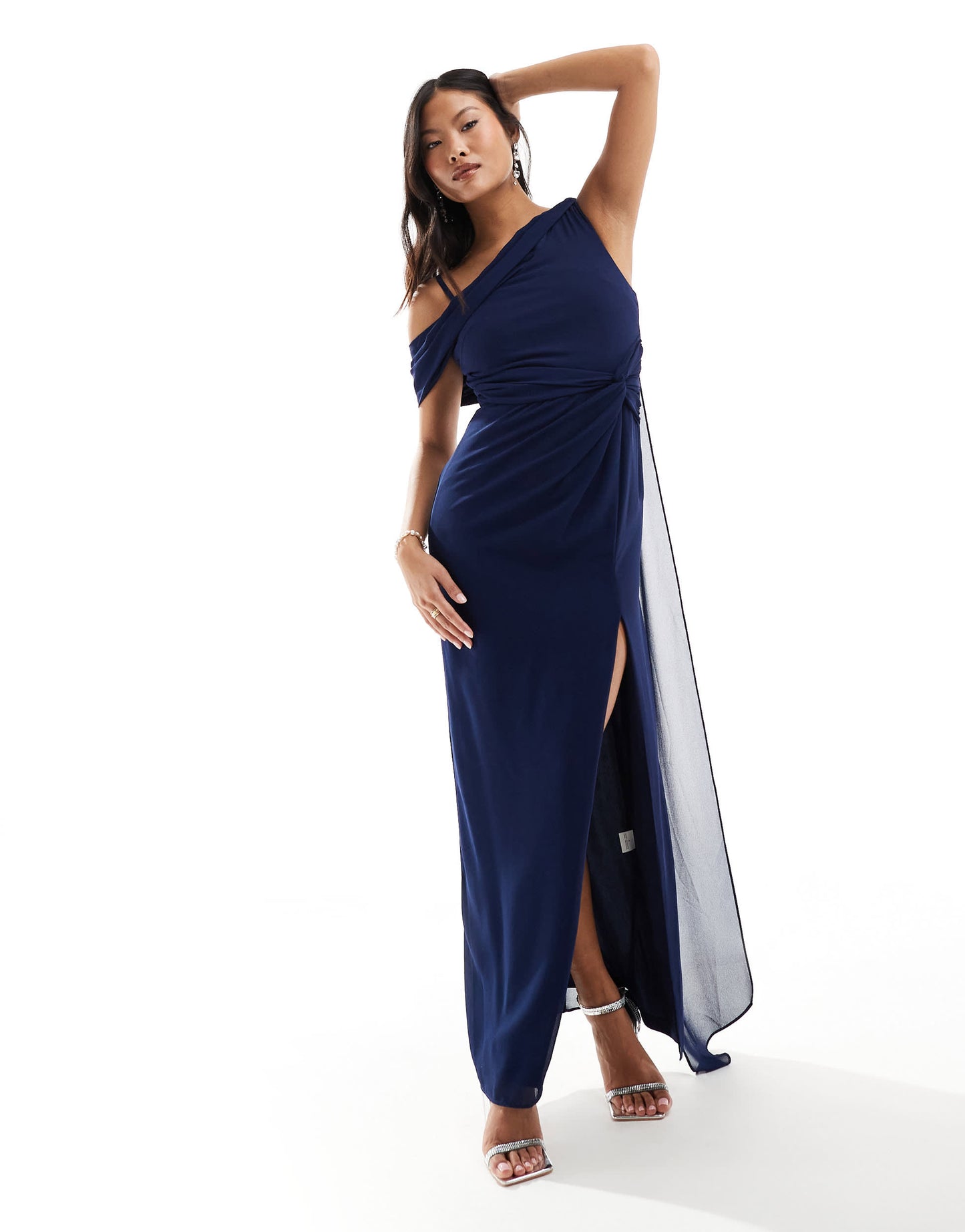 TFNC Petite Bridesmaid chiffon fallen shoulder maxi dress with drape detail in navy