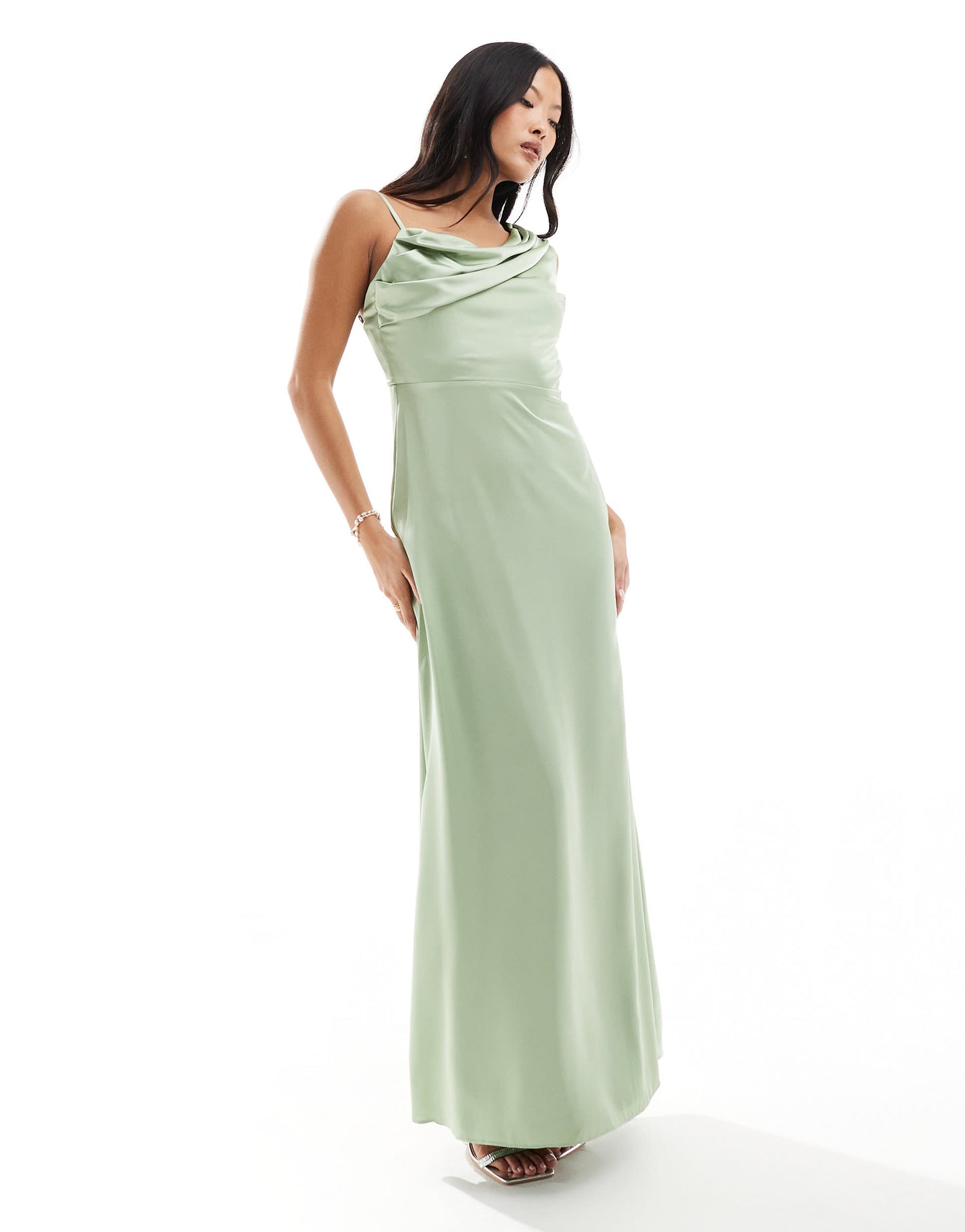 TFNC Petite Bridesmaid satin one shoulder drape maxi dress in sage