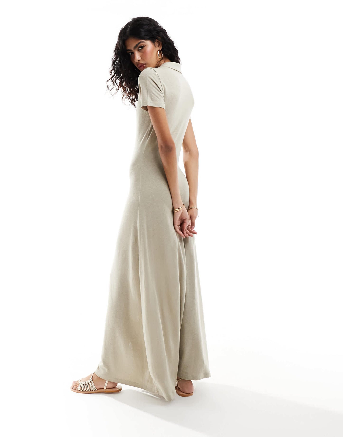 ASOS DESIGN collared linen look maxi tea dress with button front in stone