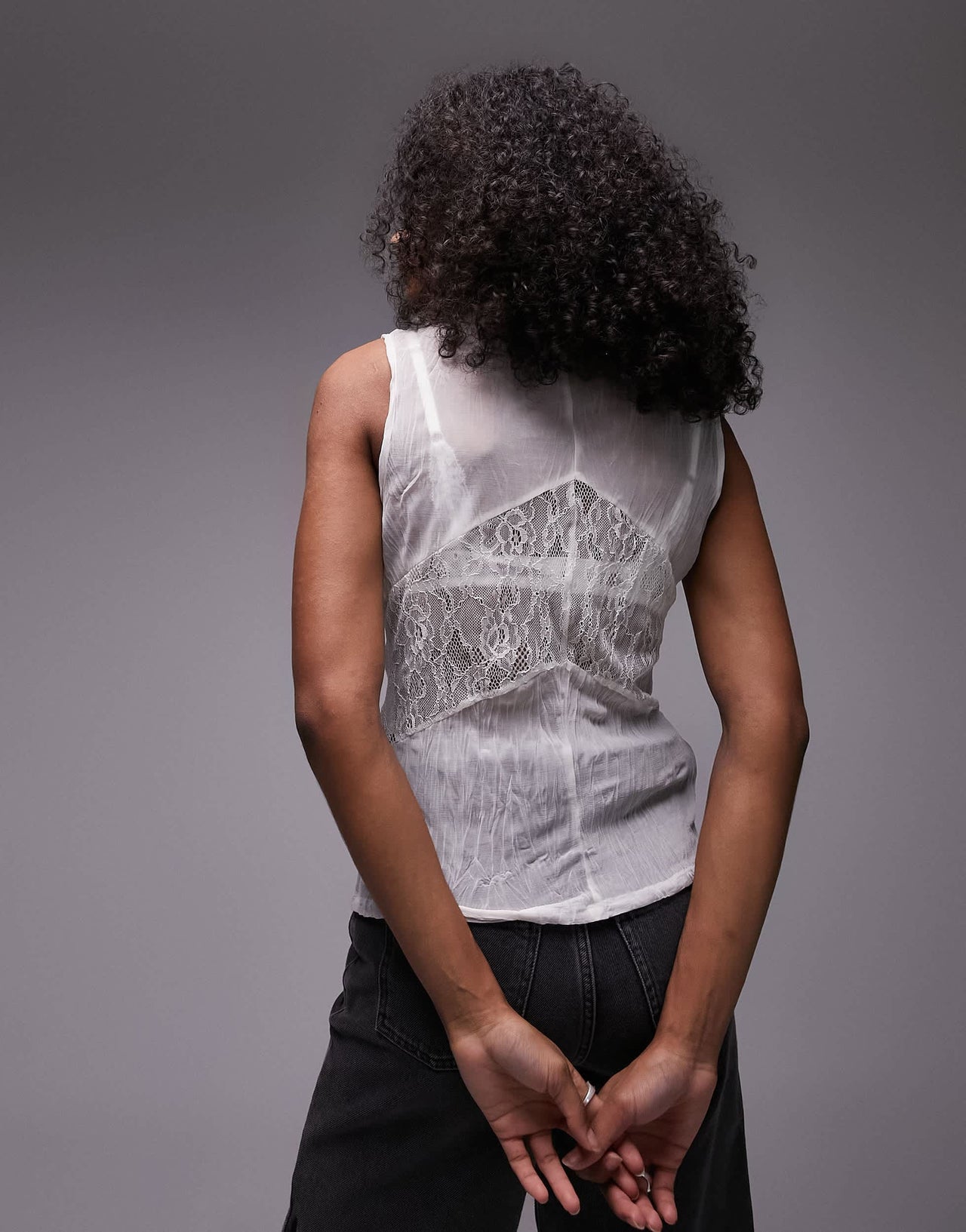 Topshop sheer crinkle lace top in ecru