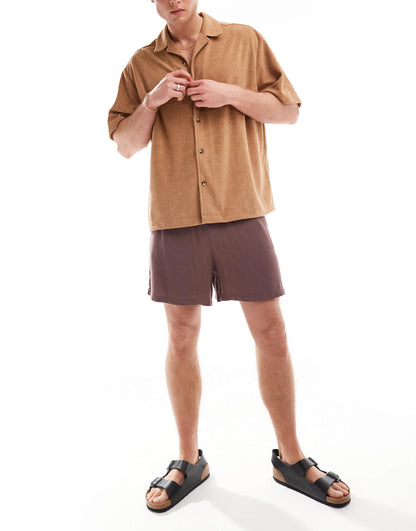 ASOS DESIGN short sleeve oversized revere towelling shirt in tan brown