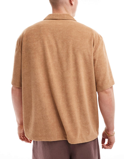 ASOS DESIGN short sleeve oversized revere towelling shirt in tan brown