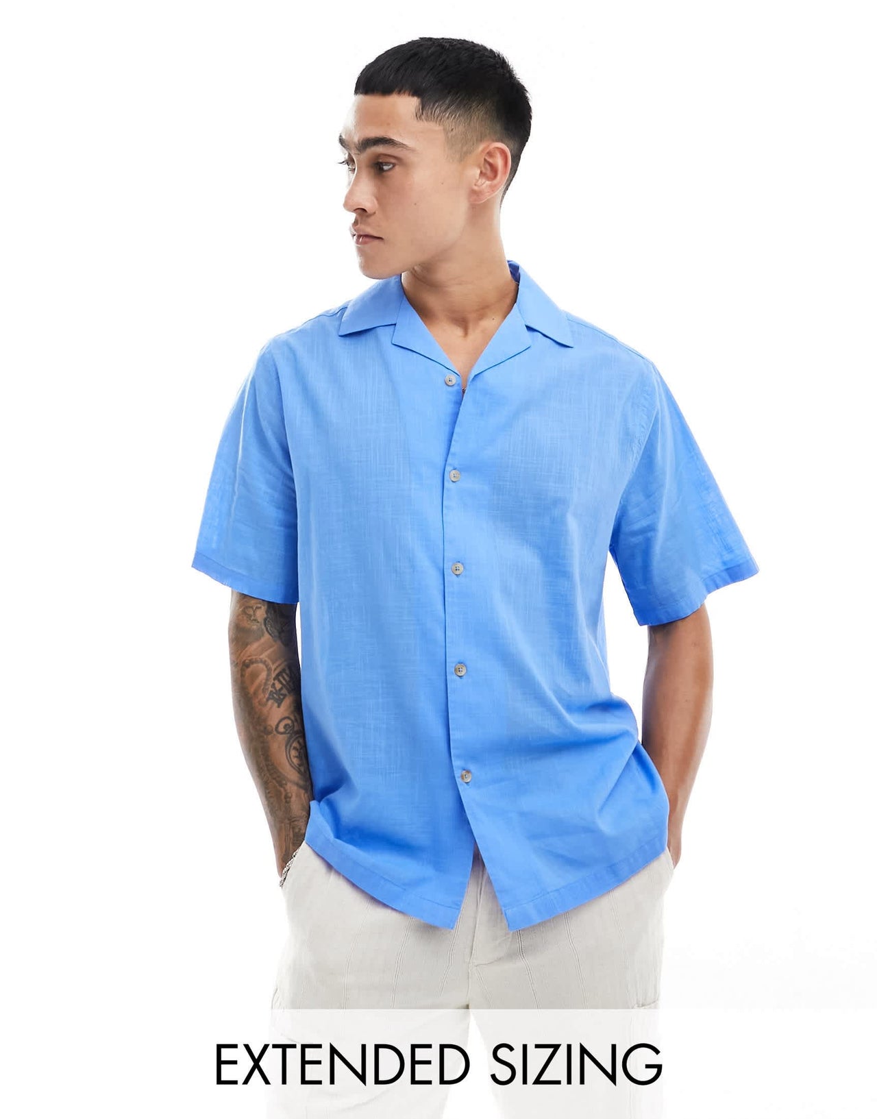 ASOS DESIGN short sleeve relaxed revere collar linen look shirt in mid blue