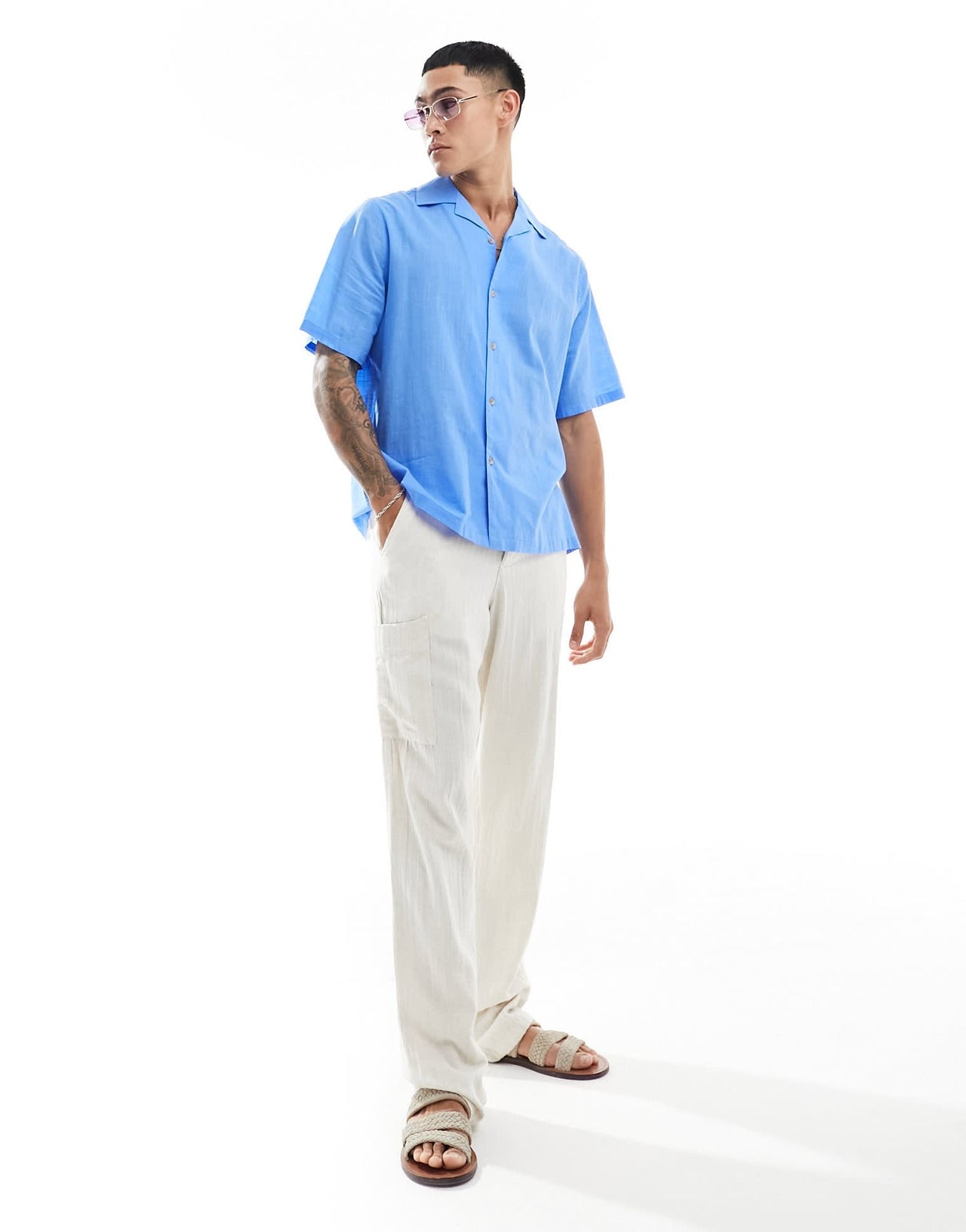 ASOS DESIGN short sleeve relaxed revere collar linen look shirt in mid blue