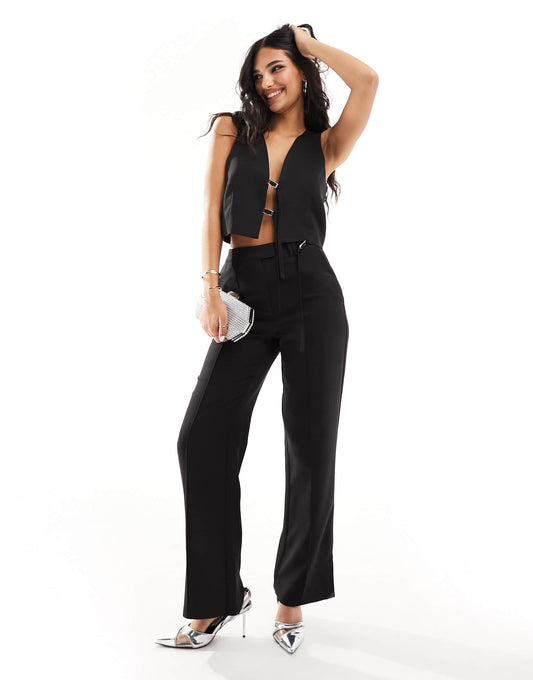 Kaiia exclusive tailored buckle detail straight leg trousers co-ord in black