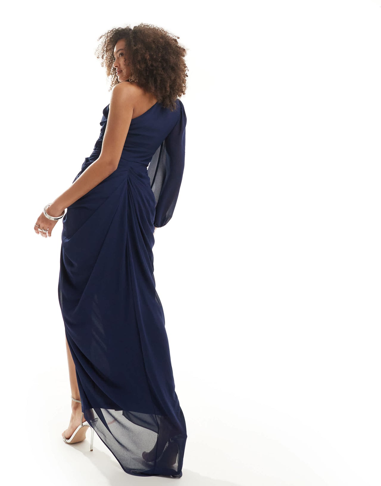 TFNC Bridesmaid chiffon drape one shoulder maxi dress in navy