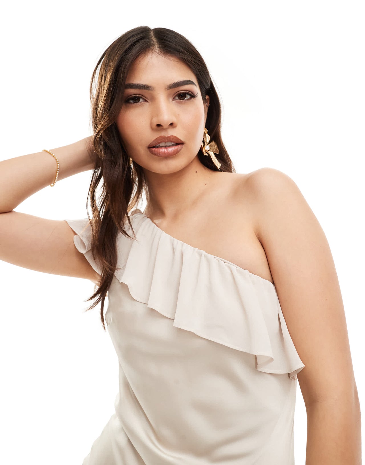 TFNC Bridesmaid satin one shoulder ruffle maxi dress in champagne