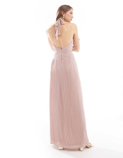 TFNC Bridesmaid chiffon halter neck pleated maxi dress in soft pink