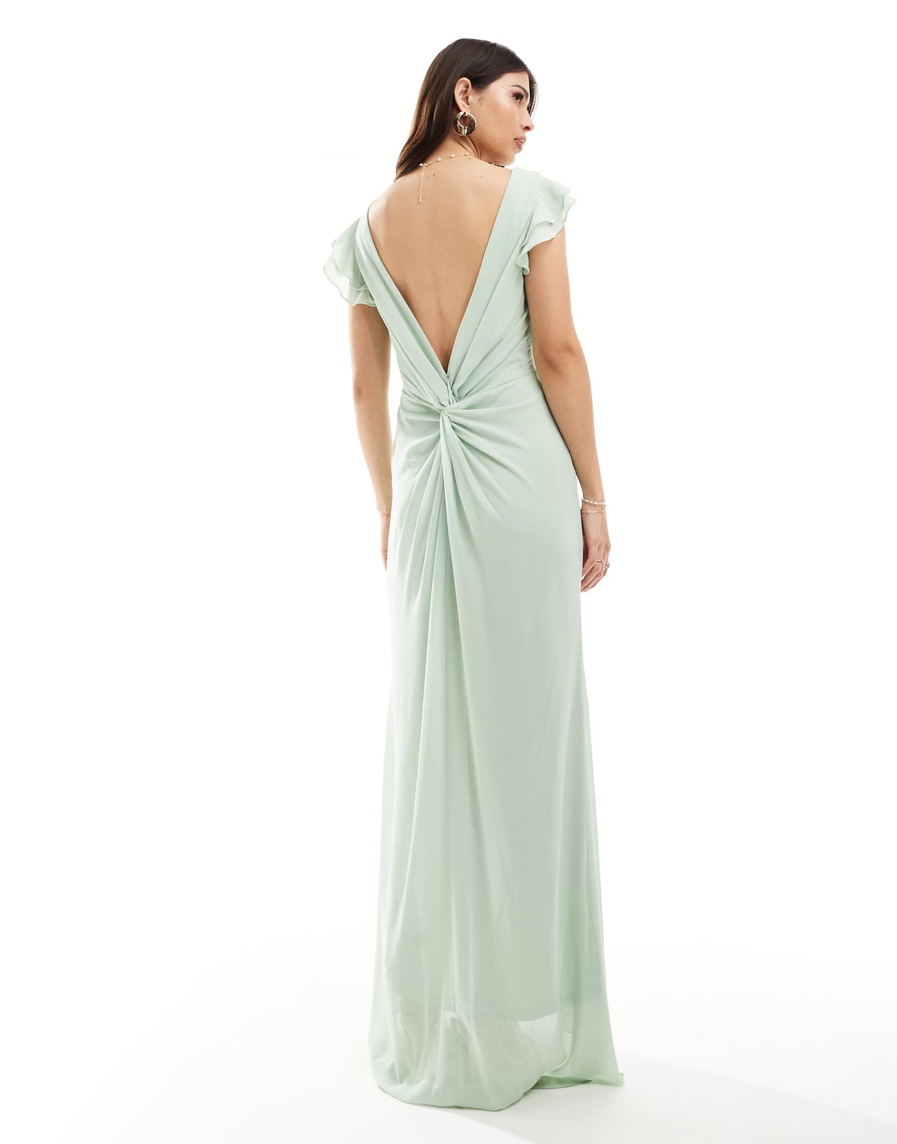 TFNC Bridesmaid chiffon twist back maxi dress with flutter sleeve in navy