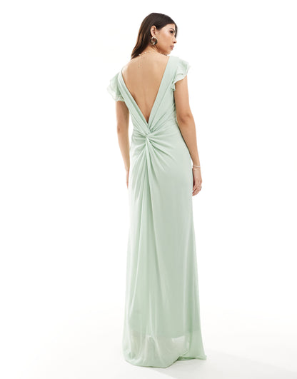 TFNC Bridesmaid chiffon twist back maxi dress with flutter sleeve in navy