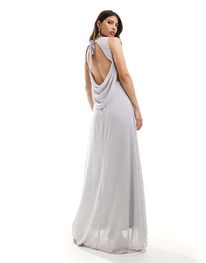 TFNC Bridesmaid chiffon cowl back maxi dress in silver