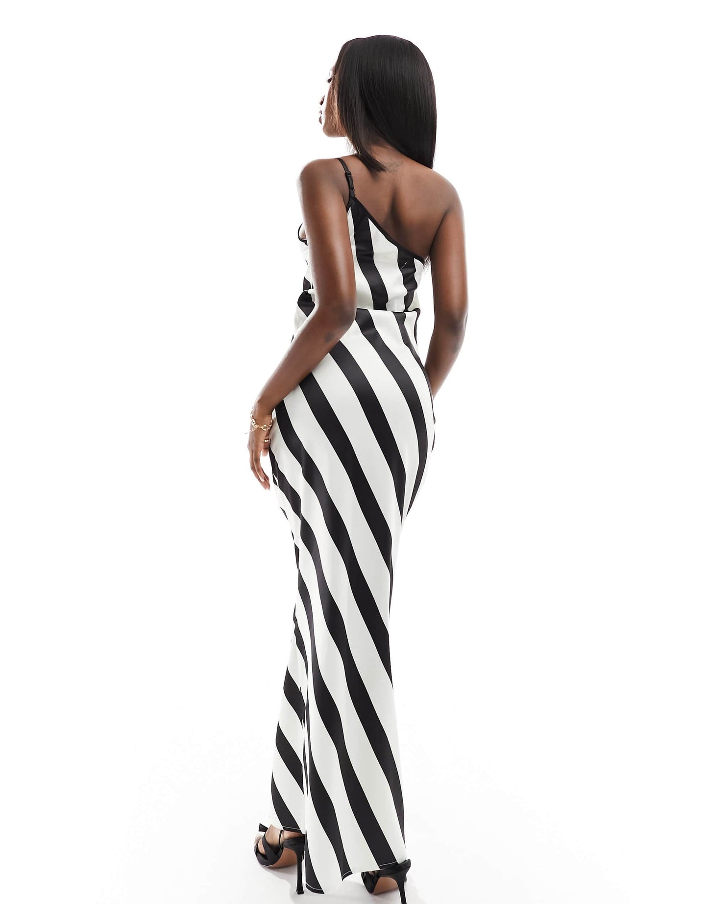 Kaiia exclusive cotton rich satin one shoulder maxi dress in monochrome stripe